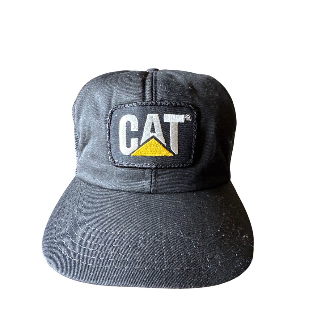 Vintage CAT Patch Caterpillar Black on Black USA Made OSFA Snapback Trucker Hat
